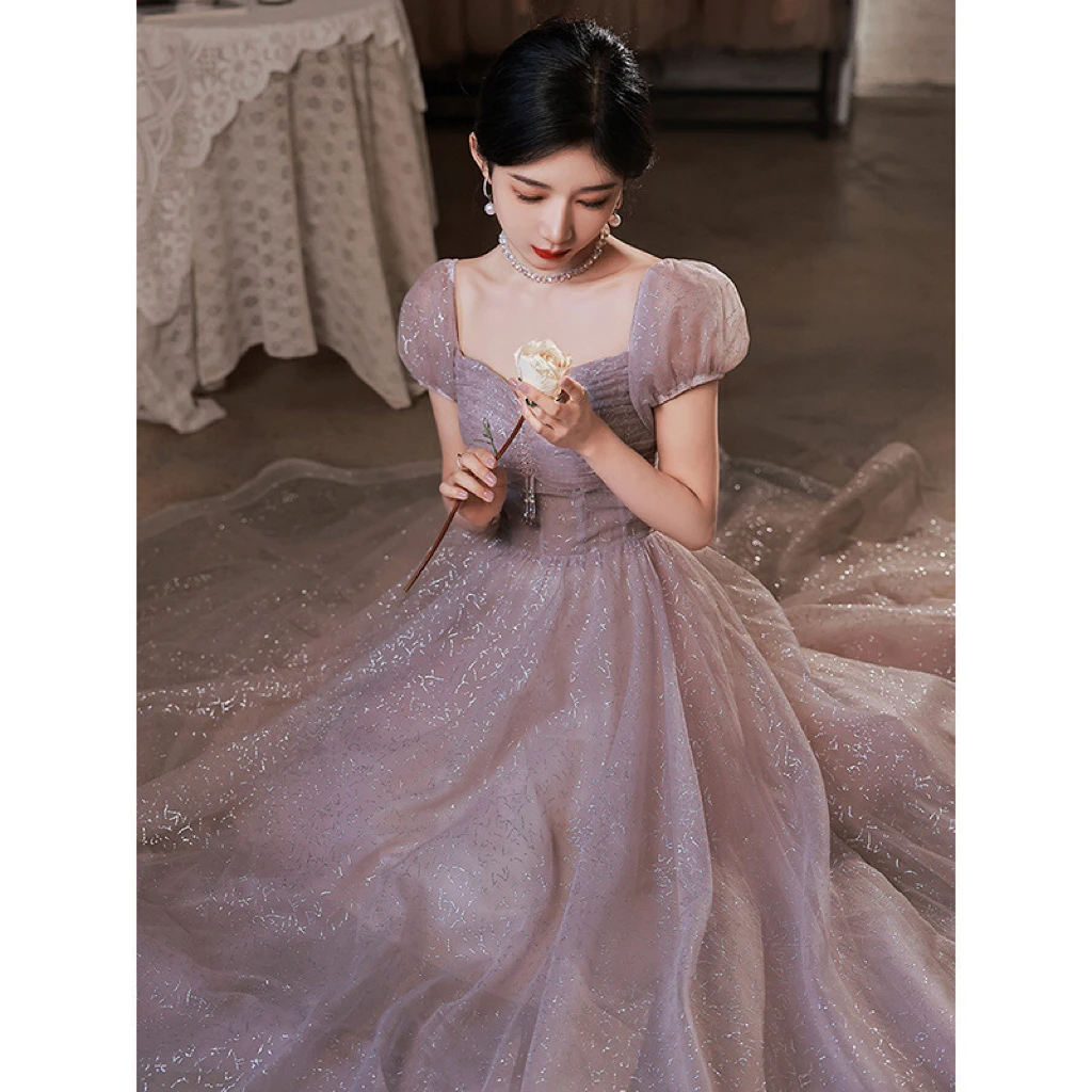 

Purple Bridesmiad Dress Puff Sleeve Square Collar Pleated Elegant Glitter A-Line Tulle Graduation Formal Party Evening Gowns