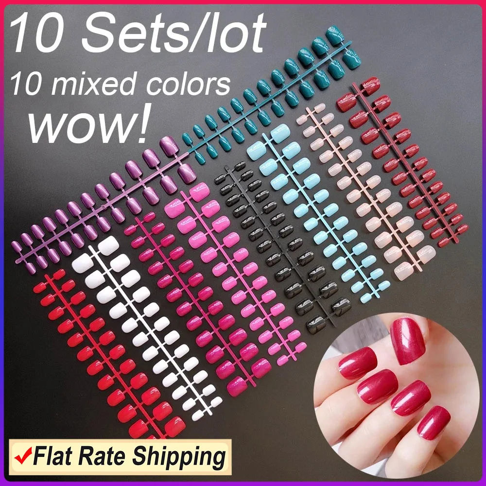 

10 Sets Of Mixed Colors Square False Nail Tips 24 Pieces/Set 10 Sizes Press On Fake Nails DIY Manicure Square Shape