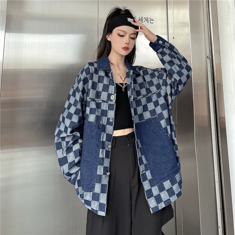 2023 Spring New Plaid Denim Coats Women High Street Hip Hop Turn Down Collar Long Sleeve Oversized Jackets Couples