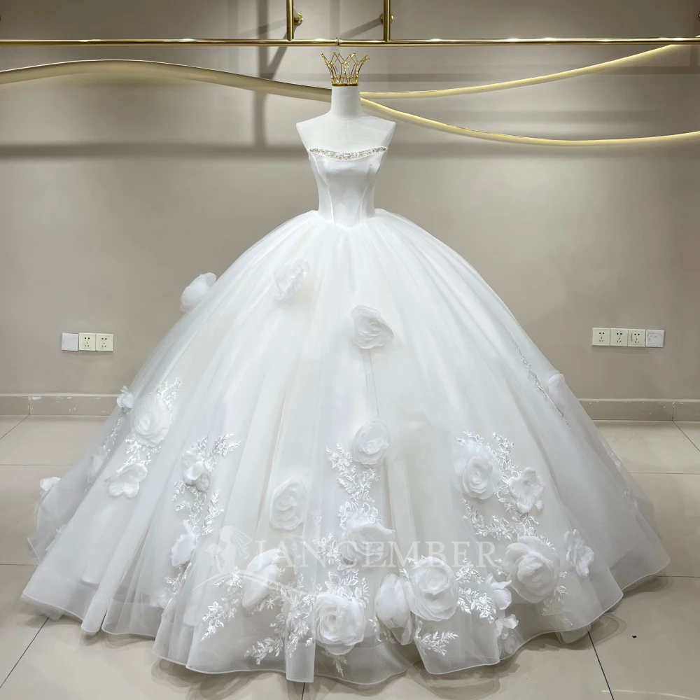 

Exquisite Organza Ball Dress for Women Elegant Princess Bride Dress Strapless Pearl Beading Lace Up Back Vestido De Noiva Custom