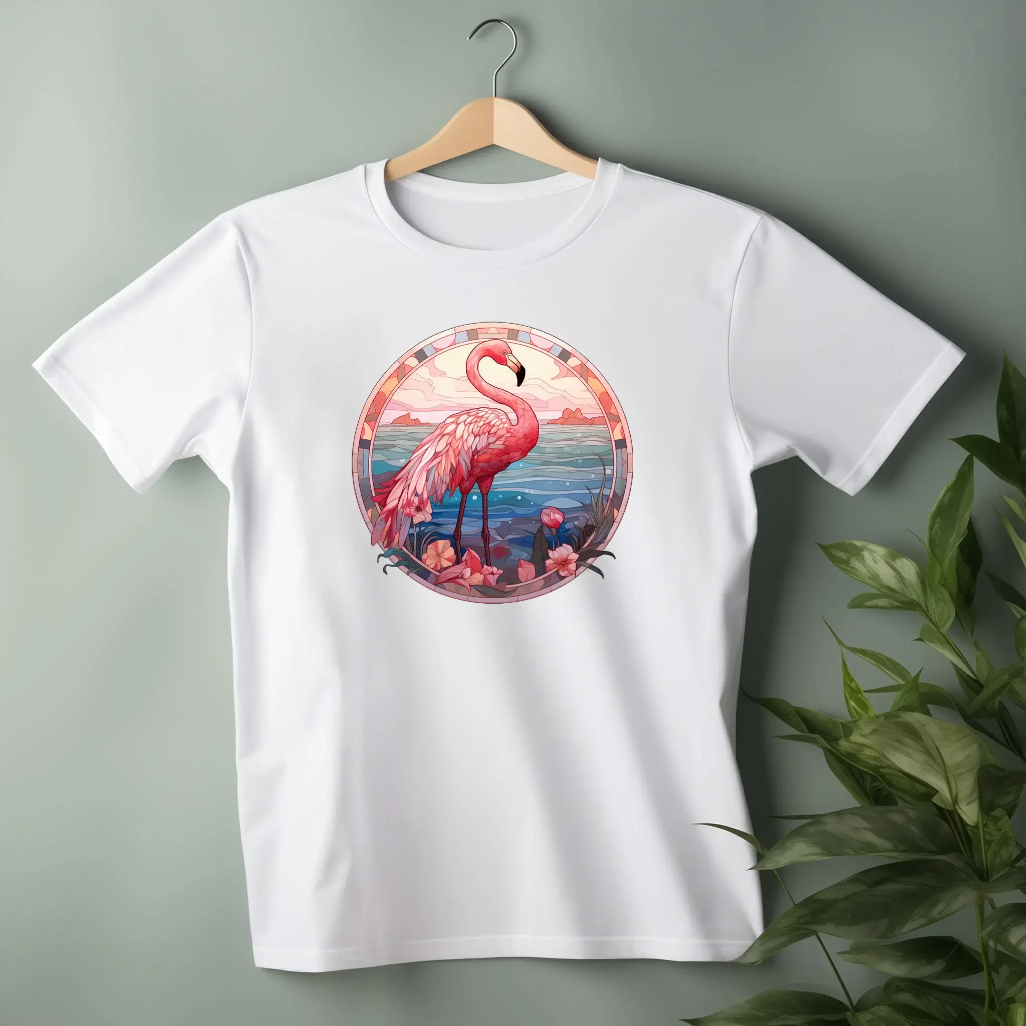 Pink Flamingo Tee Cotton T Shirt Nature Tropical Bird Lovers Mosaic Art
