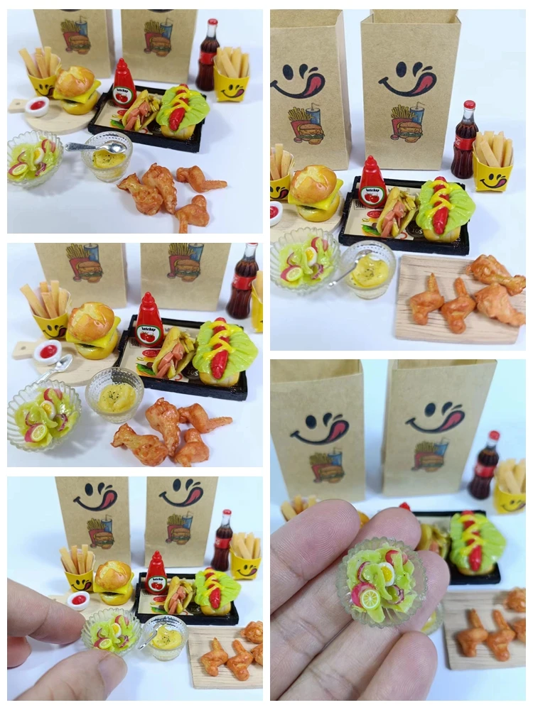 

New 1/6 Dollhouse Miniature Hamburger salad French fries Fried chicken Fast Food Model Toys for Barbies blyth ob11 Accessories