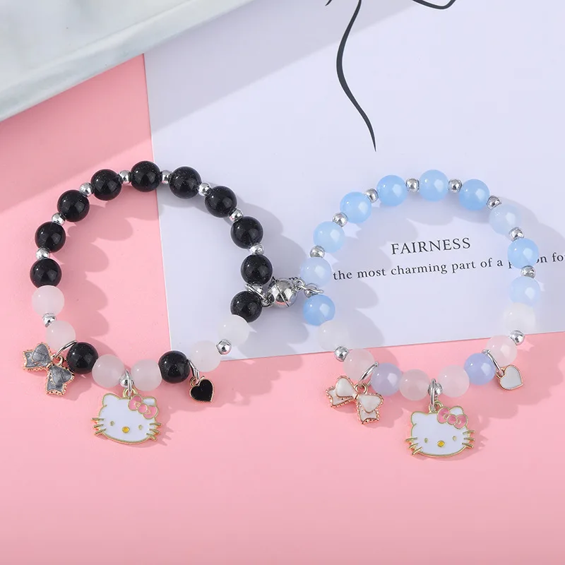 Cartoon Charms Bracelets Kawaii Hello Kitty Pendant New 18Cm Imitation Pearl Crystal Glass Beads Bangle Jewelry Gifts for Girls