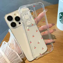 INS Red Cherry Floral Pattern Clear Phone Case for Iphone 17 Pro Max 16e 11 12 13 14 15 16 Pro Max 16 Plus 17 Air Soft TPU Cover