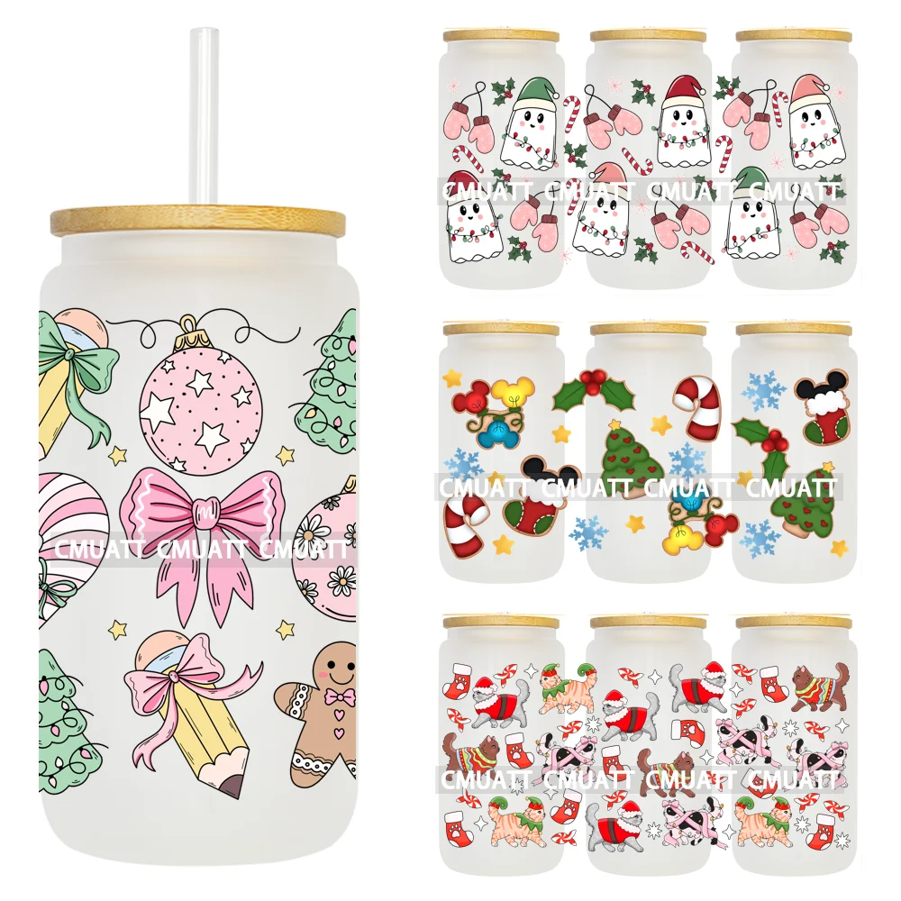 

Merry And Bright Christmas Tree 16OZ UV DTF Cup Wrap Transfer Stickers Custom Labels DIY Waterproof Logo For Libbey Glass Can