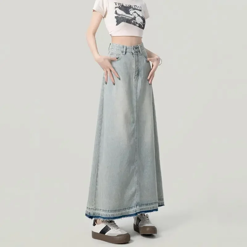 Slit Denim Skirt for Women Spring Autumn Slim High Waist A-line Long Skirts Casual Vintage Style Y2k Clothing Plus Size