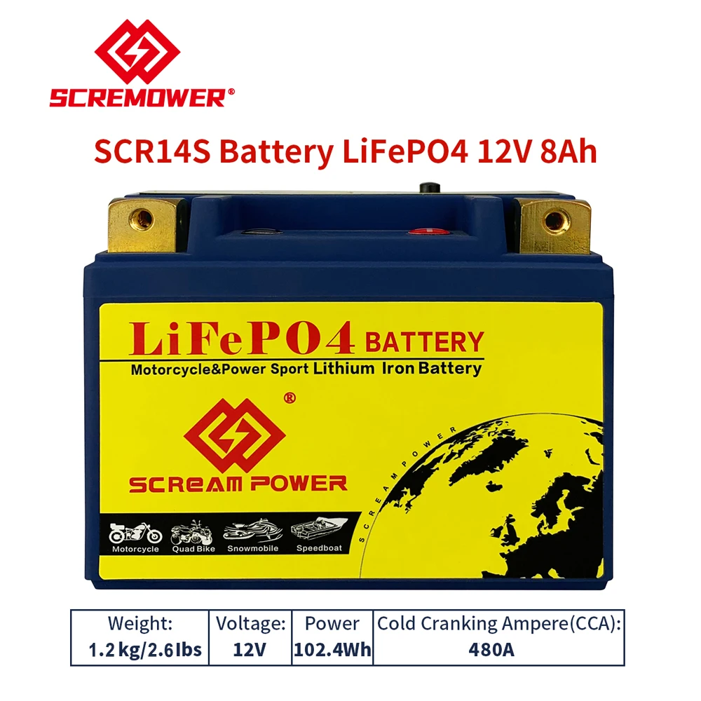 Scr14S 12.8V 8Ah Motorcycle Start Battery Lithium iron Phosphate Scooter LiFePO4 Batteries 102.4Wh CCA 580A With BMS Replace