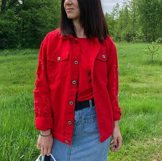 Plus Size Loose Ripped Black Denim Jacket Women 4XL 5XL Spring Streetwear Pink Red Basic Lover\'S Jeans Coat Casual Outwear