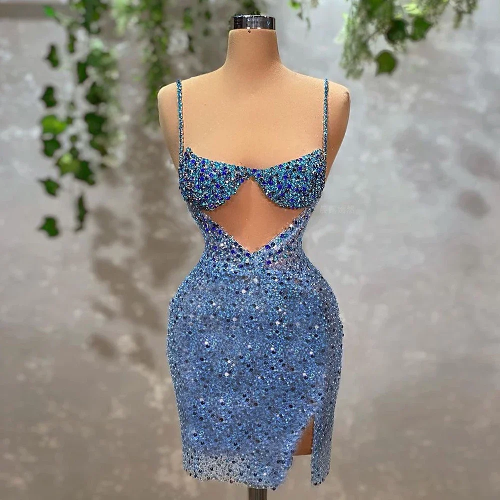 Charming Blue Evening Dresses for Women Spaghetti Straps Prom Gowns with Sequined 2025 Real Picture Robe De Soirée GDS980026