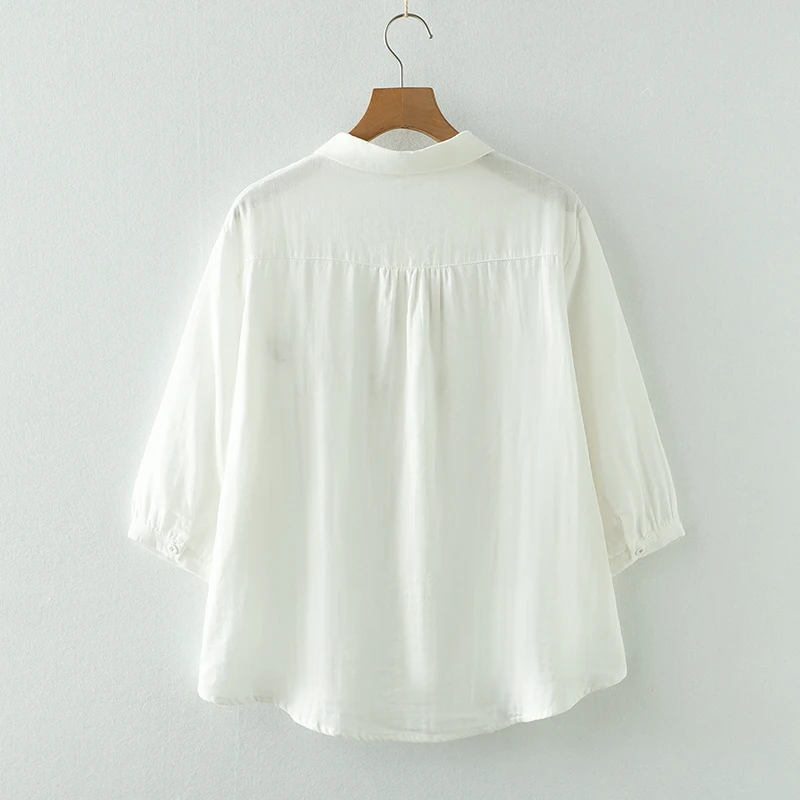 Spring Summer Double Cotton Half Sleeve Blusa Tops Women Clothes White Color Floral Embroidered Loose Soft Shirts & Blouses U347