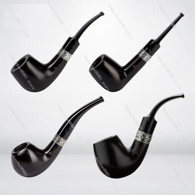 Black Ebony Wood 9mm Flue Filter Tobacco Pipe Men Bent Type Retro Carving Silver Ring Handmade Smoking Pipe Gift Pipe Accessory