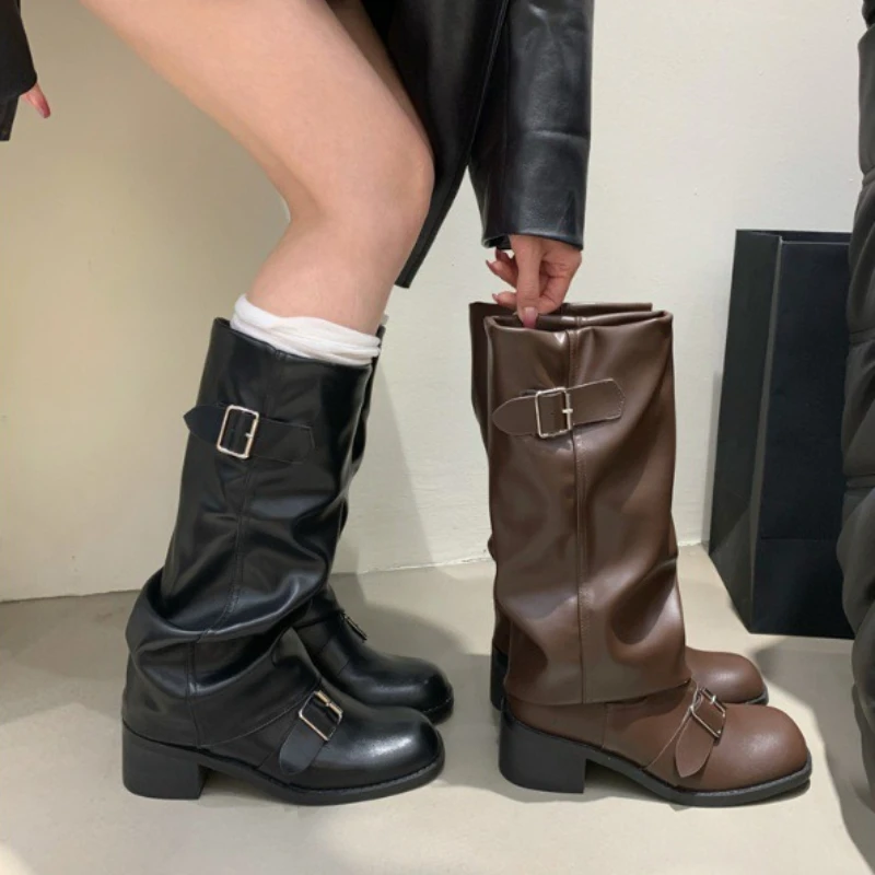 2026 New Woman Boots Knee High Platform Chunky Heels Trend Punk Gothic New Rock Leather Fashion Women Shoes Motorcycle Footwear