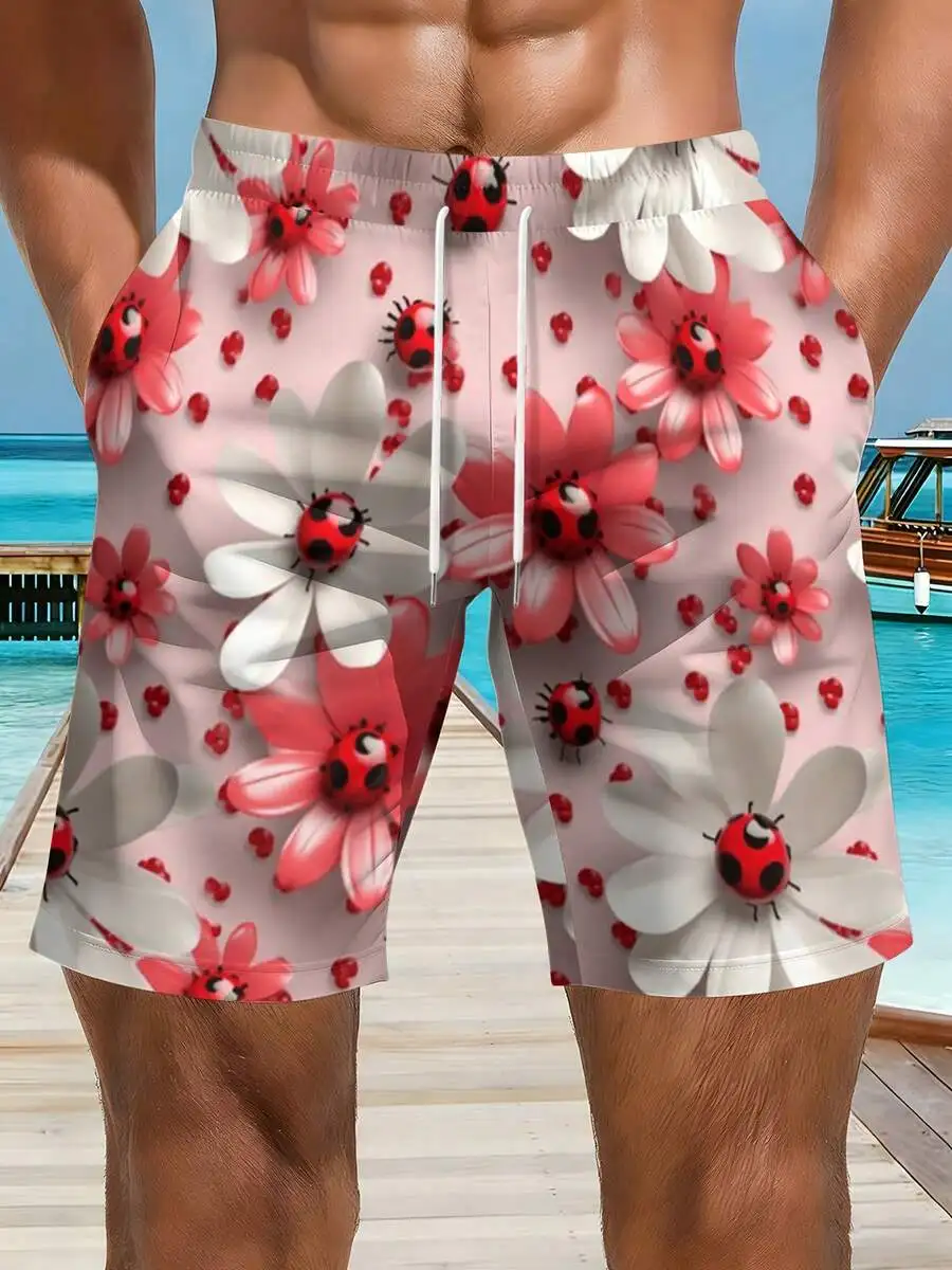 

Mens Floral Ladybug Print Beach Shorts 3D Printing Soft Casual Summer Wear