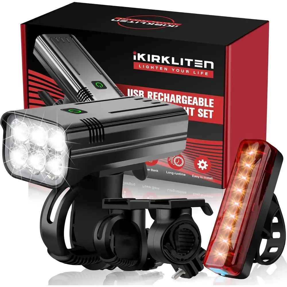 

Мощные велосипедные фонари (передний и задний) для ночной езды, перезаряжаемые, 10000 мАч, 6 светодиодов, 5+5 режимов работы (фара и задний фонарь)