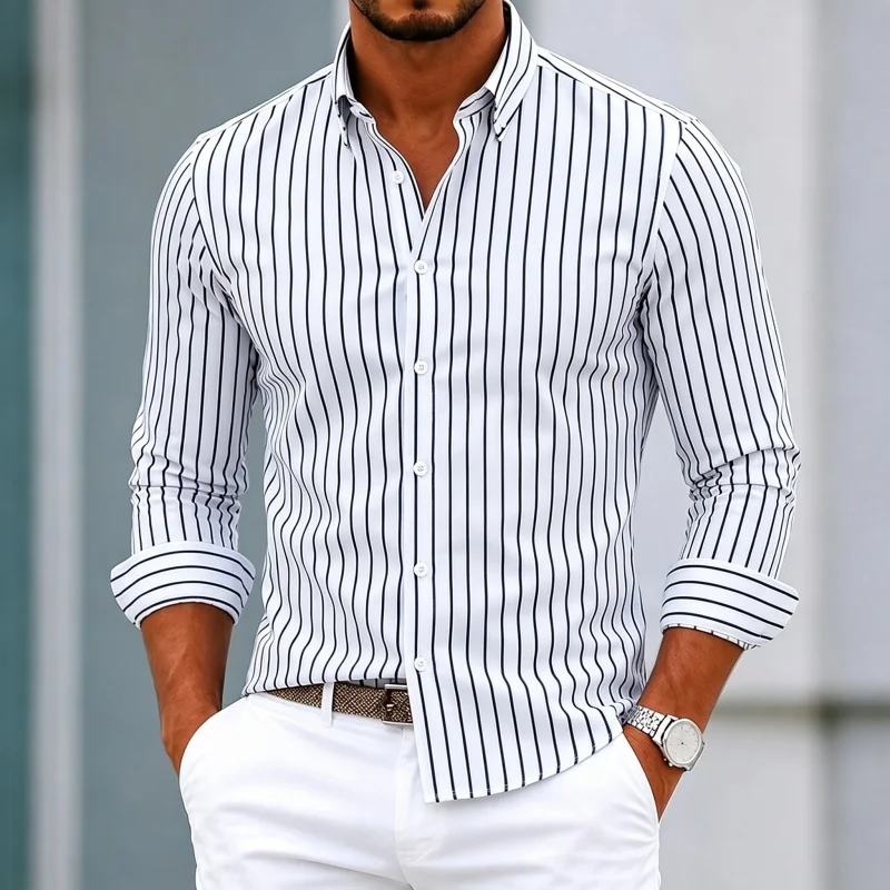 Men's shirt with vertical stripes, men's long sleeved lapel shirt, slim fit business dress shirt, commuting casual versatile top