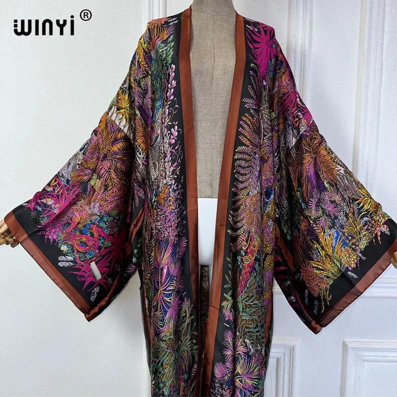 WINYI 2024 letnie kimono kostium kąpielowy z nadrukiem boho okrycie plażowe elegancka afrykańska sweter damski boho seksowna wakacyjna jedwabna