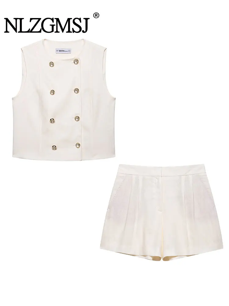 

TRAF 2025 Casual Shorts Sets for Women 2 Pieces New Fashion Double Breasted Vest Tops Women Suit Two Piece Set Women Outfit