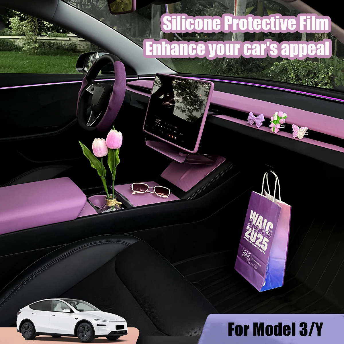 

For Tesla Model 3 / Y Silicone Screen Protector for Centre Console Panel in Raspberry Purple for Interior Trim Car Accessories