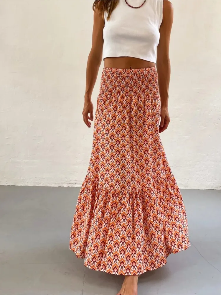 

New Women Casual Boho Skirts 2026 Spring Summer Fashion Vintage Loose Elastic Waist Floral Print Ethenic Style Beach Maxi Skirt