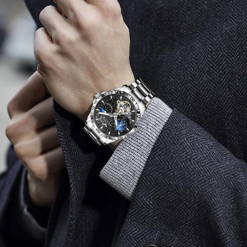 AILANG Luxury Brand Moon Phase Automatic Mechanical Watch for Men Luminous Starry Sky Original Skeleton Tourbillon Watch Man
