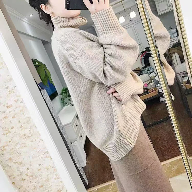 Heavy duty high neck 100% pure cashmere sweater for women, lazy, thick, loose fitting pullover, plus size base sweater