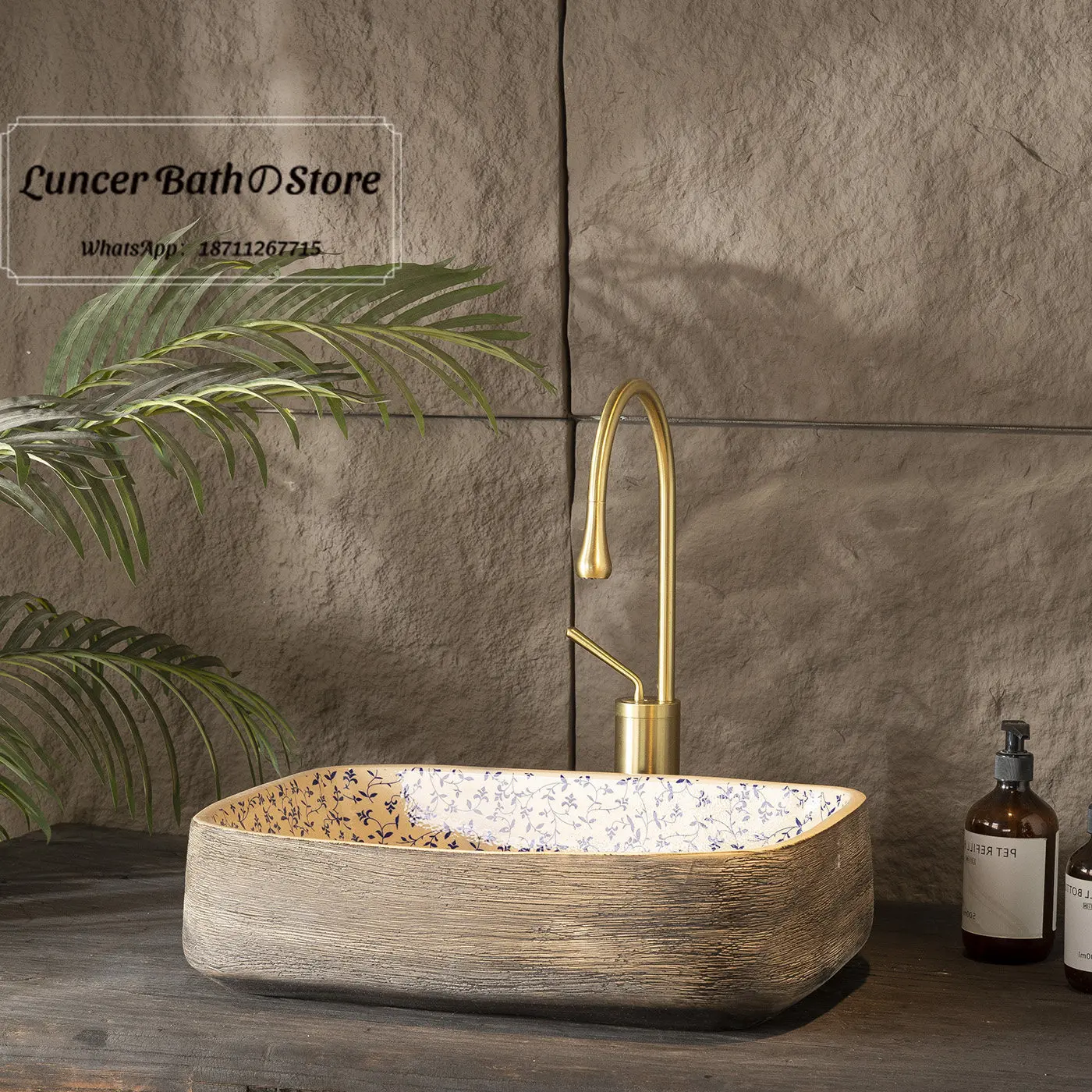 Jingdezhen Vintage Wood Texture Countertop Basin, Blue White Floral Ceramic Hand Wash Sink for Bathroom, Premium Home Decor