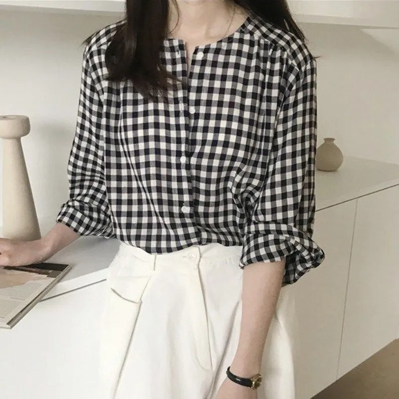 Women Plaid Checked Blouse Long Sleeve Casual Round Neck Loose Shirt Tops Autumn Cotton Clothes