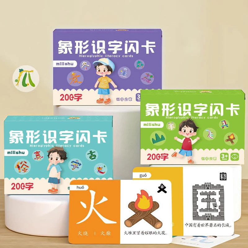 Pictographic Literacy Card, Reconhecimento de Personagens Chineses, Pinyin Card, Hanzi Learning Book, Educação Infantil, 3 a 6 Anos, 100 Cartões