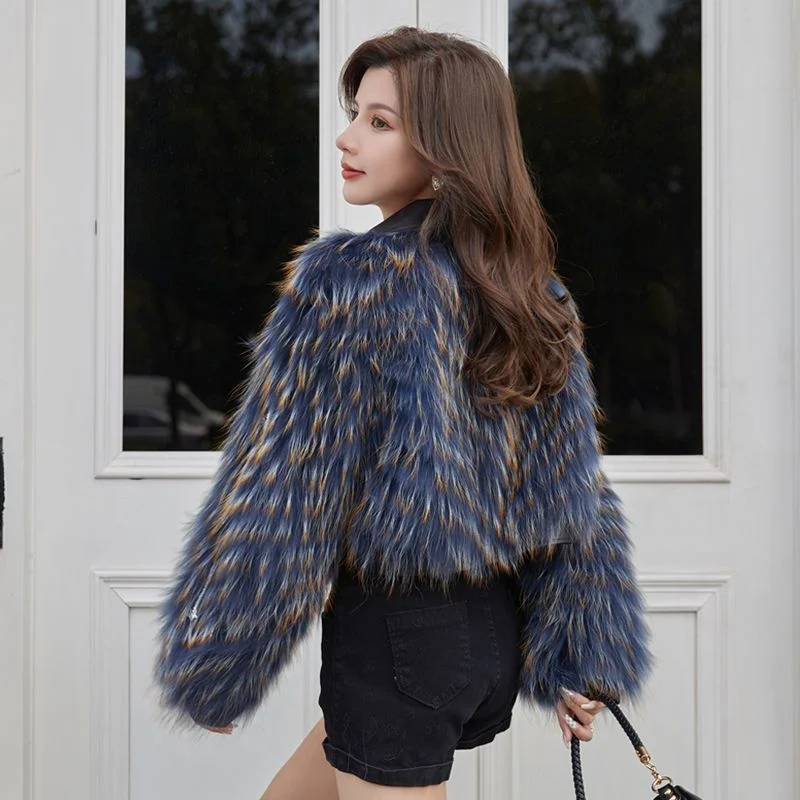 Luxury Faux Raccoon Knitting Fur Coat Winter Autumn Faux Leather Stitching Fluffy Bomber Jacket Turn Down Collar PU Cardigan