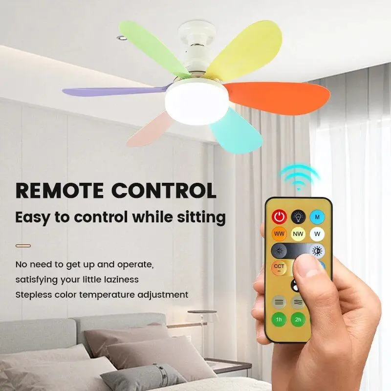 30W E27 Screw Head LED Fan Light Remote Control Three Color Dimming Detachable Fan Leaf Living Room Bedroom Small Fan Light