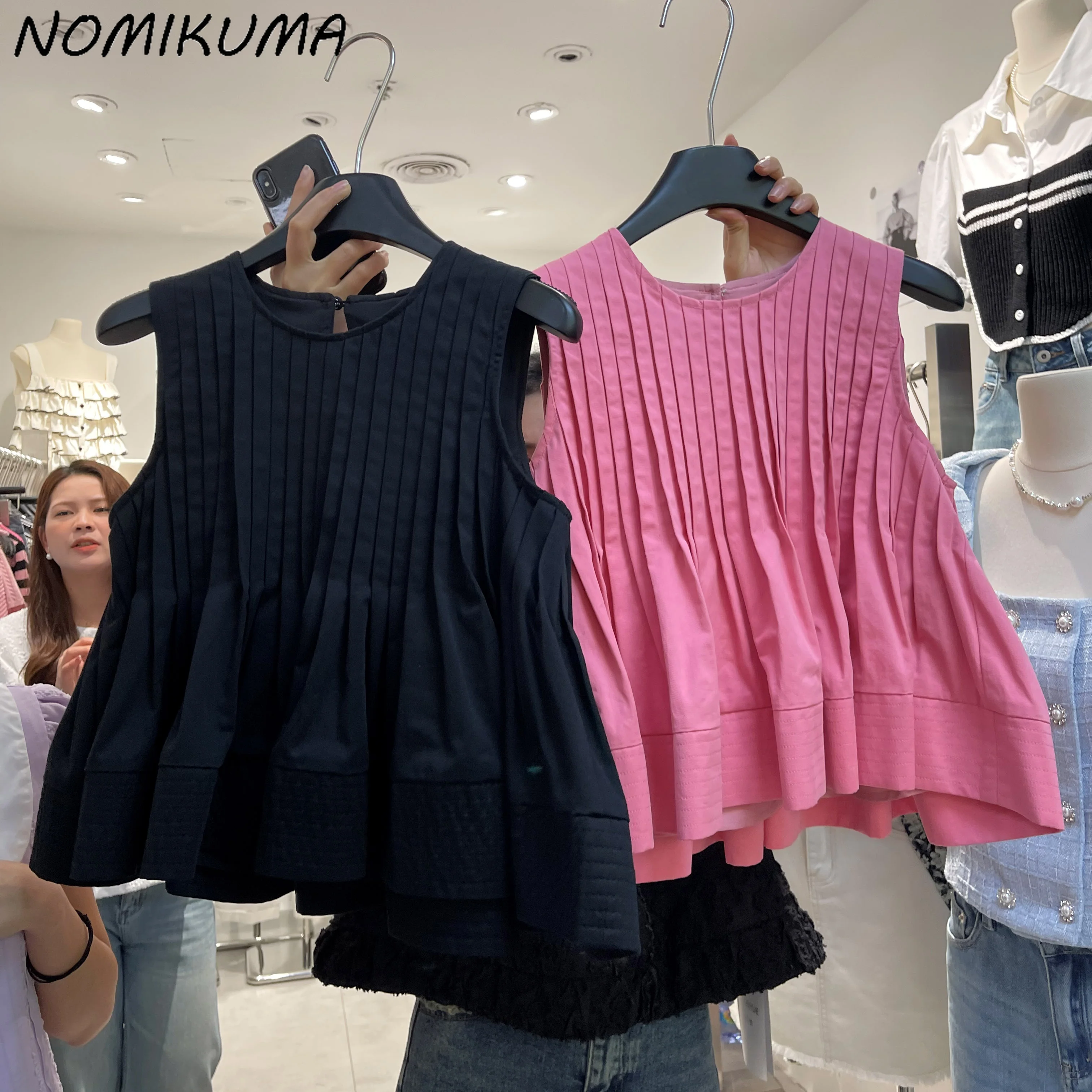 Nomikuma 2023 Summer New Fashion Sweet Solid Folds Sleeveless Dol Shirt Causal O-neck Chic Korean Pullover Blusas De Mujer