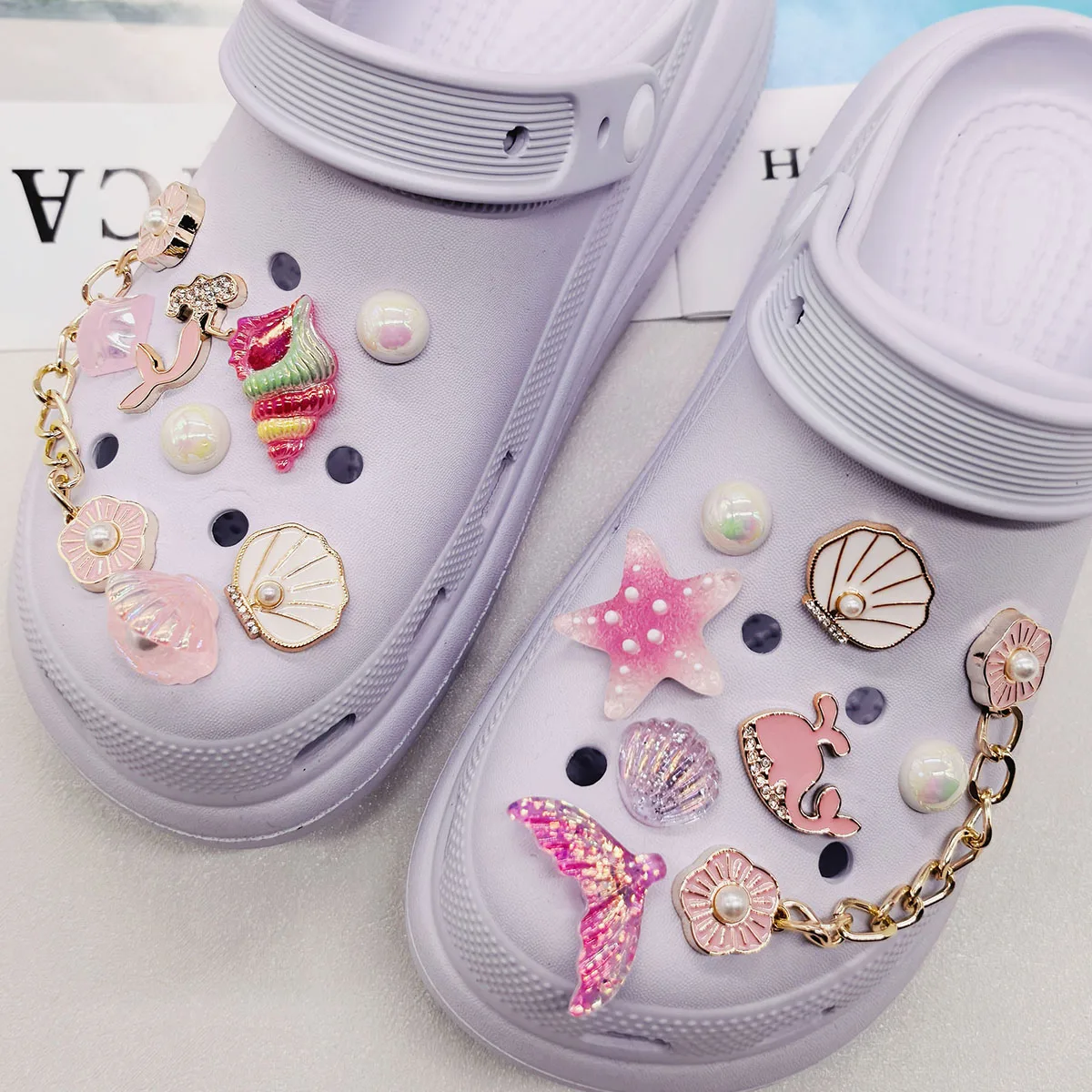 16PCS Ocean Beach Conch Shell ABS Shoe Charms DIY Chains Decorations Mermaid Clogs Shoe Buckles Faux Pearl Shoe Clip Accessories