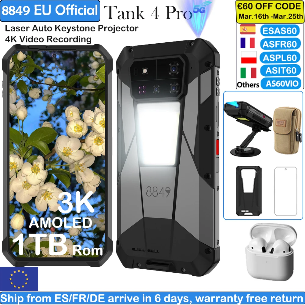 8849 Tank 4 Pro Unihertz 5G AI projecteur robuste Smartphone 1 to + 36G dimension 8300 AMOLED 3K Android 14 6.78 ''120 HZ 11600 mAh
