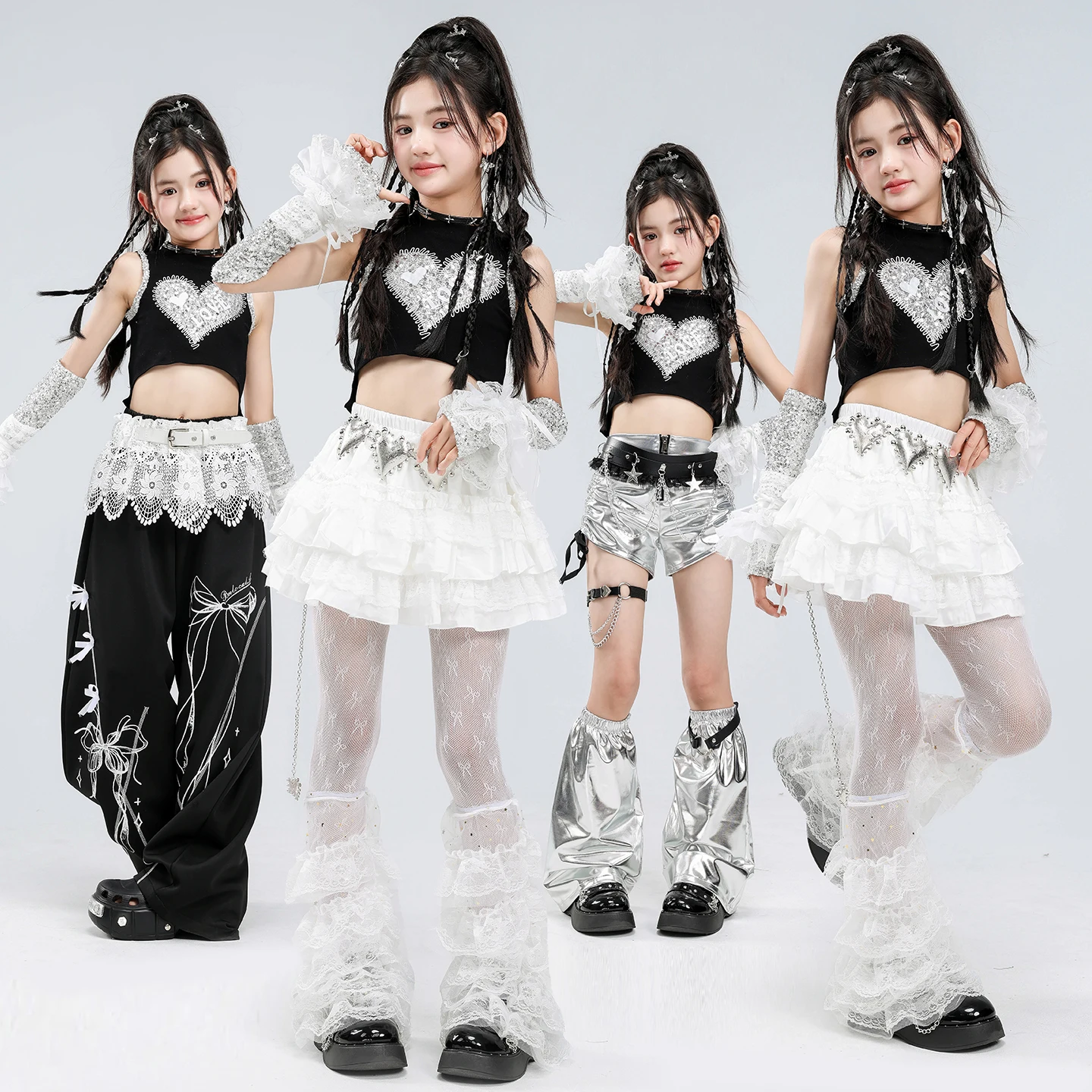 Girls Sequined Crop Tops Jazz Dance Costume Set Kids K-pop Hip Hop Outfits with Lace Wide Leg Pants for Stage Wear Performance