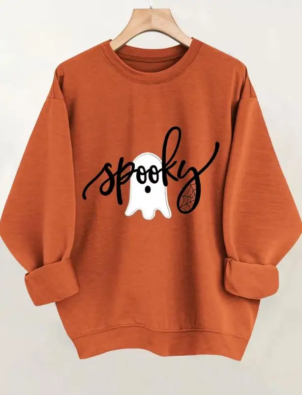 Spooky Season Sweatshirt Women Sage Green Halloween Pullover Cute Ghost Spider Web Graphic Sweatshirts Casual O Neck Top