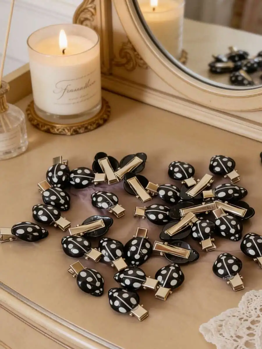 

Ladybug Shaped Hair Clips For Women Black White Polka Dot Barrettes