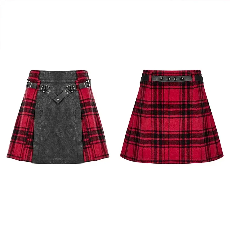 PUNK RAVE Women's Punk Black+red Plaid Splicing Skirt Rivet Metal Buckle Belt Daily A-Line Personality Mini Skirts