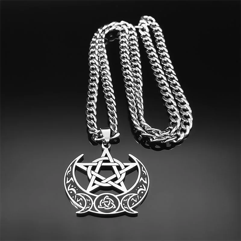 Wicca Triple Moon Crescent Pentagram Necklace for Men Women Stainless Steel Chain Necklaces Jewelry Gift collares mujer 9609