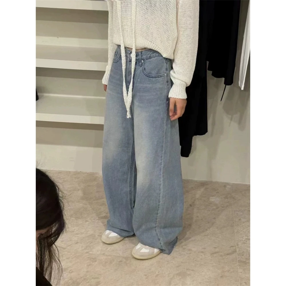 レトロな大胆な東大門25サマーウエディングストレートレッグカジュアルジーンズレディースルーズフィットロングパンツデニムブルーLウエスト