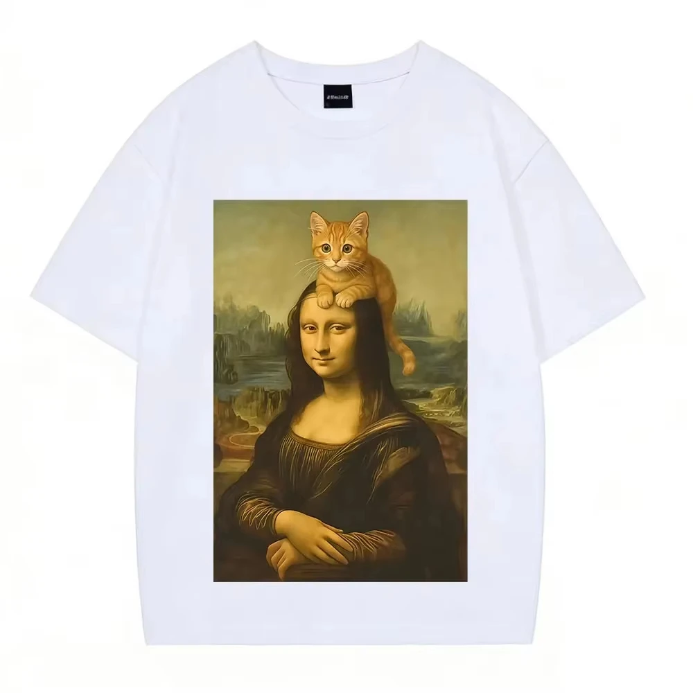 Cat Mona Lisa Funny Meme T-Shirt, Unisex Short Sleeve Pure Cotton Harajuku Loose Aesthetic Trendy Womne and Men T-Shirt Tops