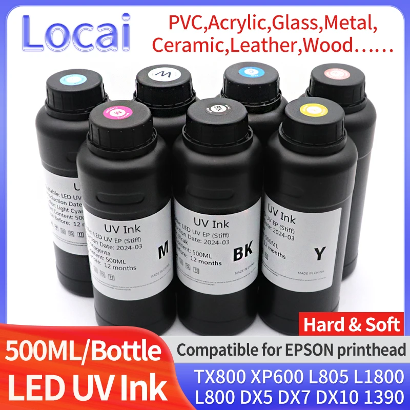 

500ML LED UV Ink For DX5 DX7 DX10 DX4 DX6 TX800 XP600 L800 L1800 L805 Printhead For Epson 1390 R1800 R1900 UV Modified Printer