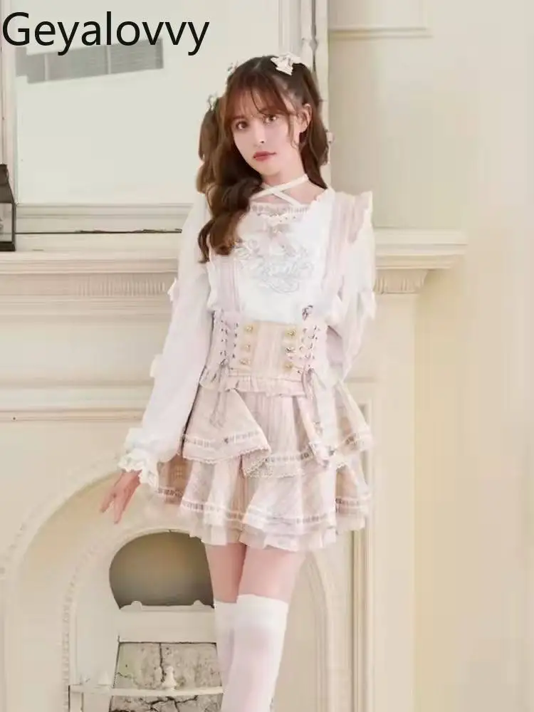 

Autumn Winter Liz Skirt Sweet Heart Button Double Layer Plaid Bow Tie Strap Cake Skirts Women Japanese Spring New Lolita Skirt