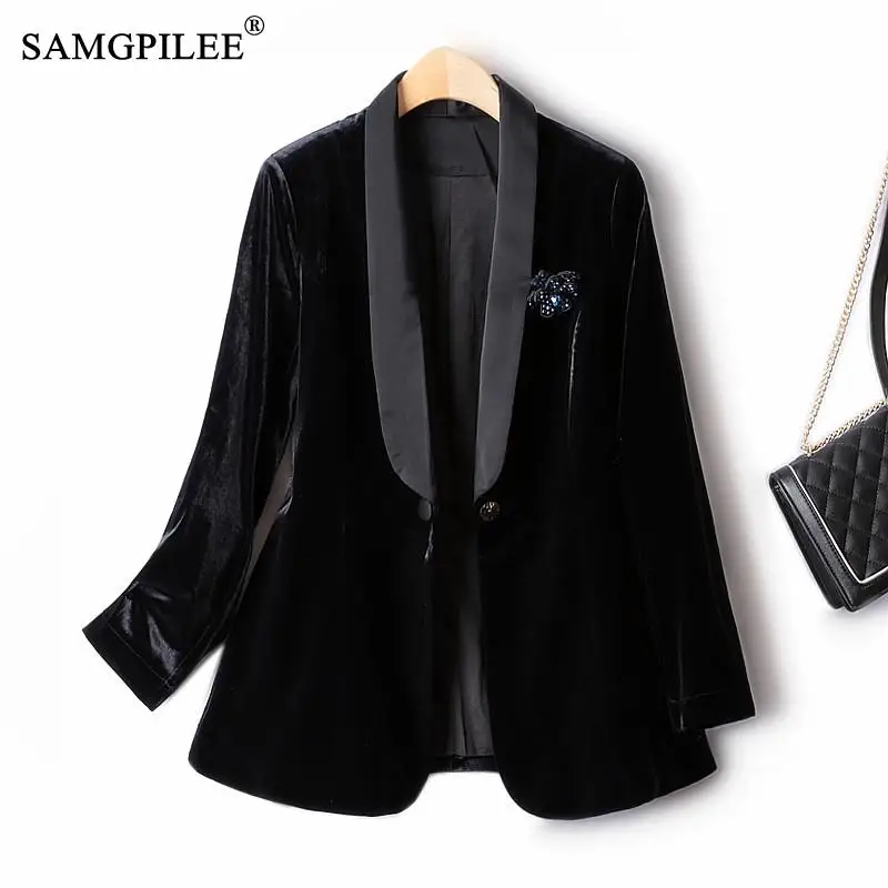 

European Light Luxury High Quality Blazer Woman Turn Down Collar Small Elastic Slim Gold Velvet One Button Black Suit Jacket 4XL