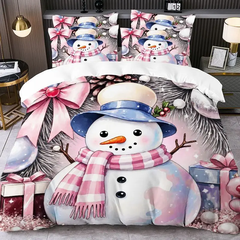 Christmas-themed Printed Duvet Cover and Pillowcase Set Santa Claus Reindeer Sleigh Christmas Tree Snowflakes 2pcs/3pcs Bedding