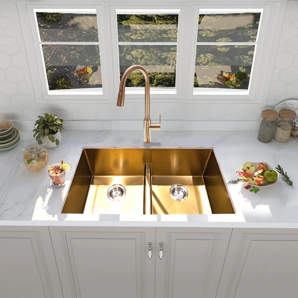 High Quality Nano PVD Gold Silver Black Modern Handmade Undermount Stainless Steel 201/304 Double Bowl Kitchen Sink Faucet