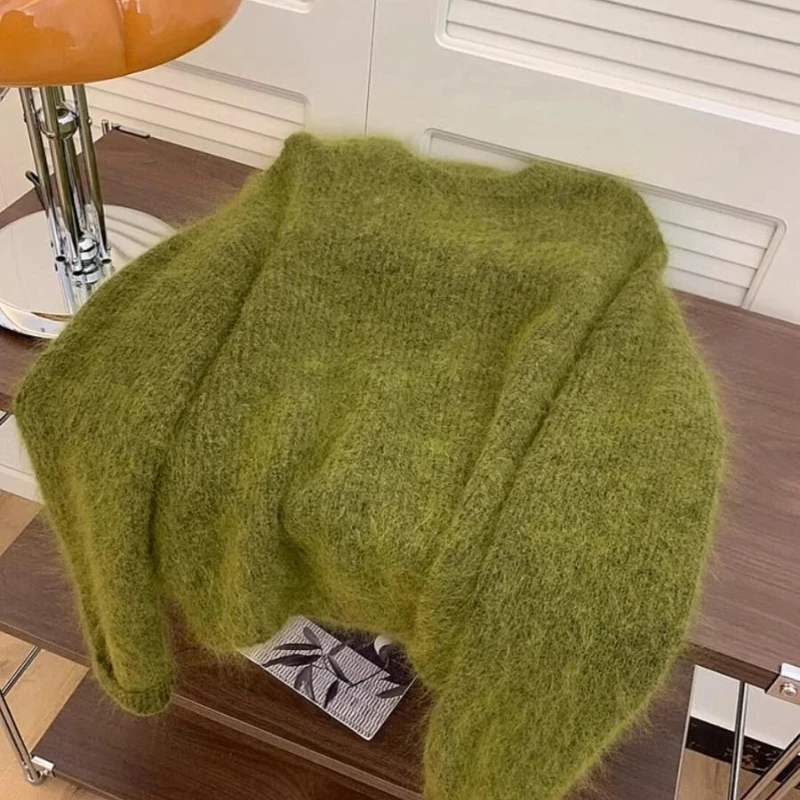 딥타운 캐주얼 그린 스웨터 여성 빈티지 우아한 하라주쿠 긴 소매 니트 풀오버 스위트 Y2k 가을 겨울 루즈 점퍼