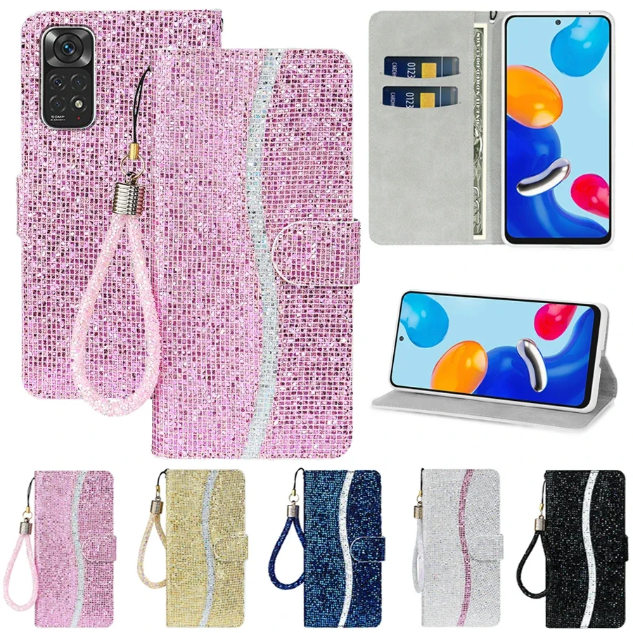 Wallet Glitter Flip Leather Case For Xiaomi Redmi 10 10C Note 12S 12 Pro 11 11S 11 Pro 10S 10 Pro 9S 9 Pro 8T 8 Pro 7 Poco M5s