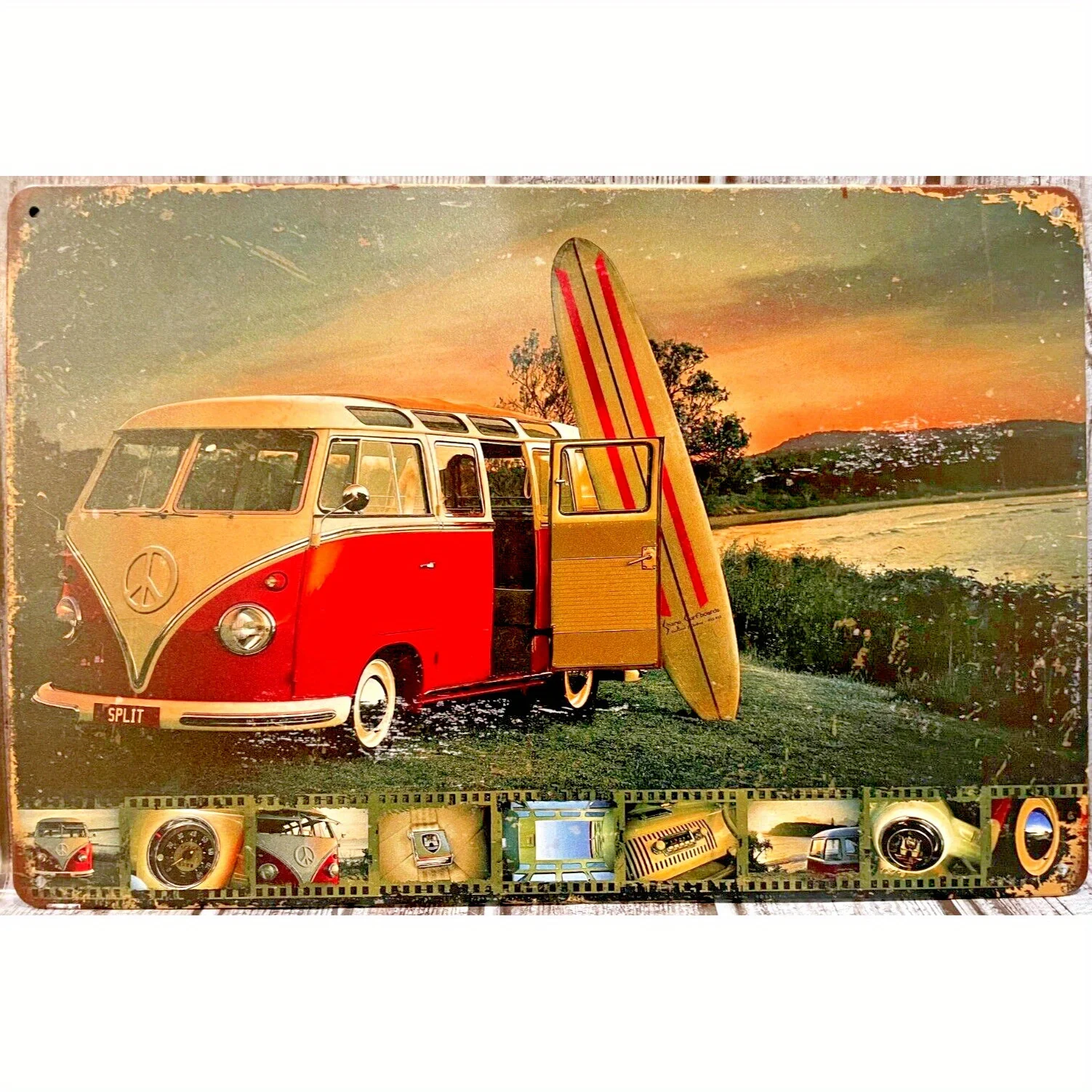 Vintage Van & Surfboard Metal Sign -  Retro Wall Decor with Red Van & Blue Skateboard, Rustic Home Décor for Garage or Beach The