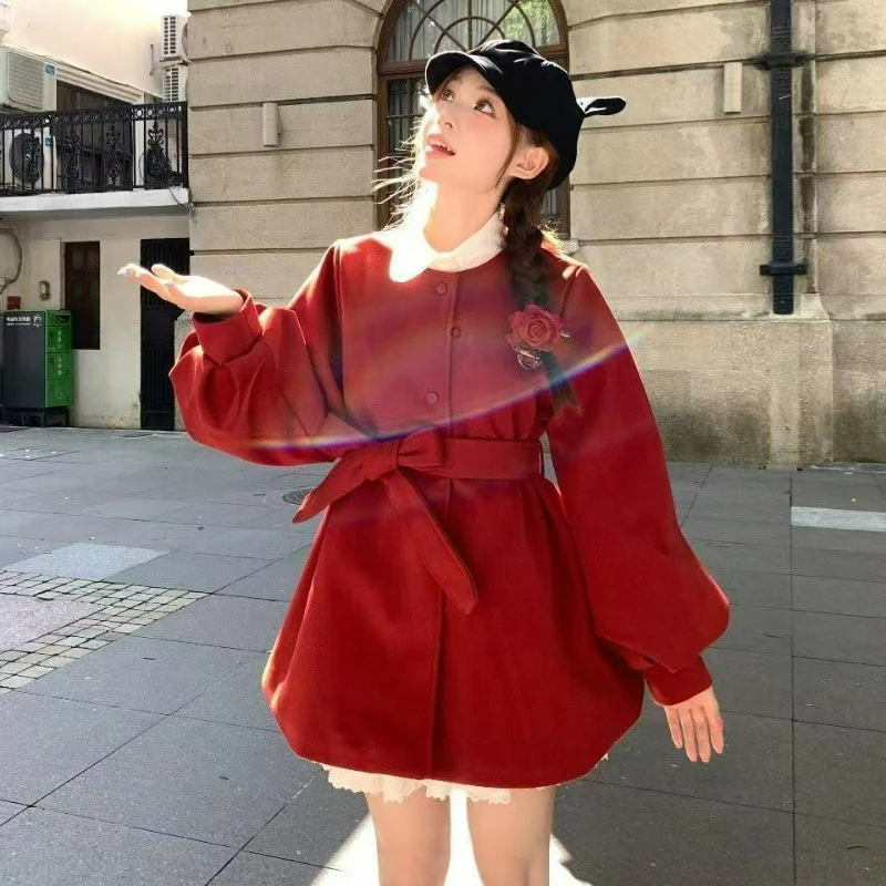 

Шерстяное пальто с круглым вырезом для женщин, осень/зима 2026, новый стиль, шерстяная теплая куртка с рукавами-фонариками на шнуровке и завязкой на талии для женщин