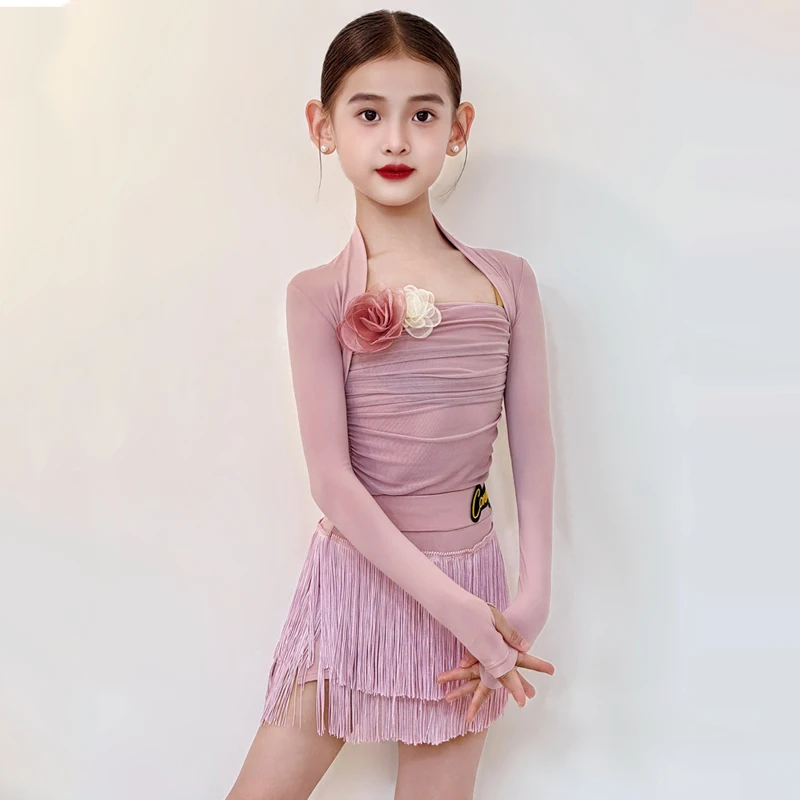 

Детский национальный стандартный костюм для бальных танцев, розовый костюм для соревнований по латинским танцам, юбка с бахромой, одежда для латинских танцев для девочек, XS10247